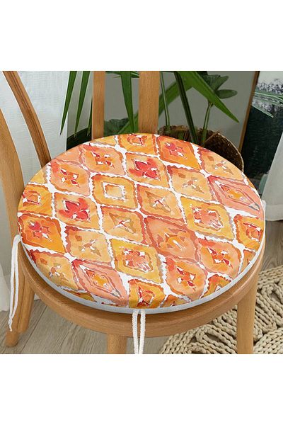 Realhomes Orange Damask Round Zippered Chair - Digital Printed Cushion