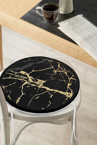 Realhomes Gold Color Marble Patterned Digital Printed Round Zippered Chair Cushion on Dark Floor