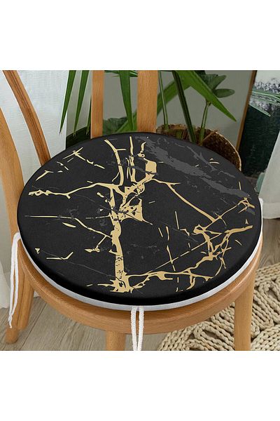 Realhomes Gold Color Marble Patterned Digital Printed Round Zippered Chair Cushion on Dark Floor
