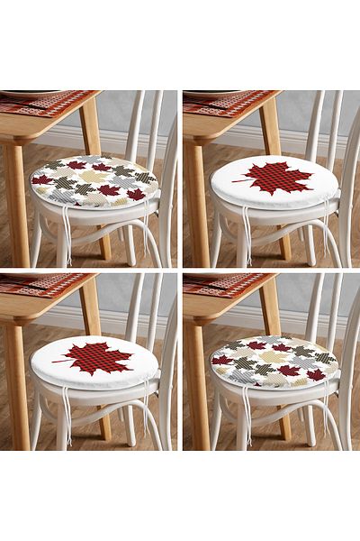 Realhomes 4-Piece Leaf Design Plaid New Year's Concept Modern Round Zippered Chair Cushion Set