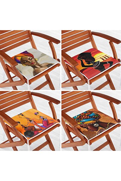 Realhomes 4'lü Etnik Afrika Kadın Motifli Özel Tasarım Fermuarlı Sandalye Min...
