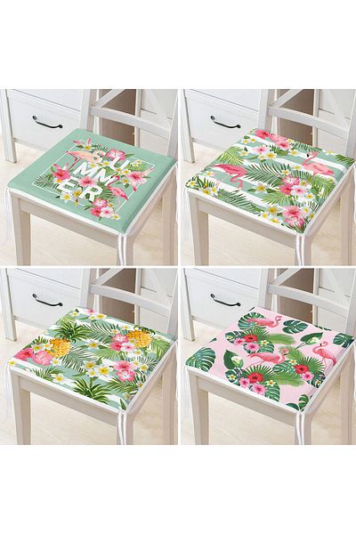 Realhomes Set of 4 Green Summer Themed Flamingo Motif Zippered Chair Cushions