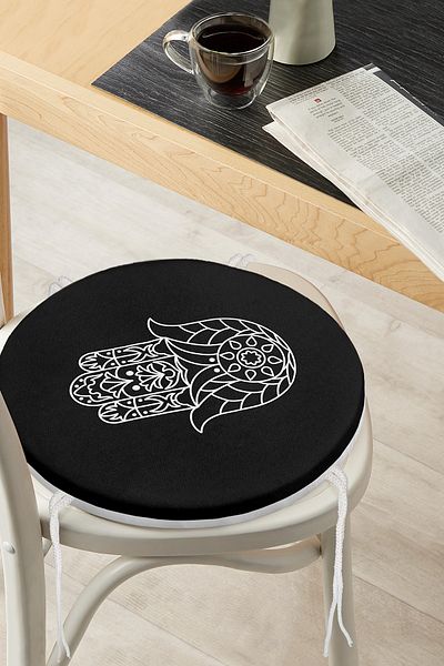 Realhomes White Fatma Mother Hand Motif Round Zippered Chair Cushion on Black Background