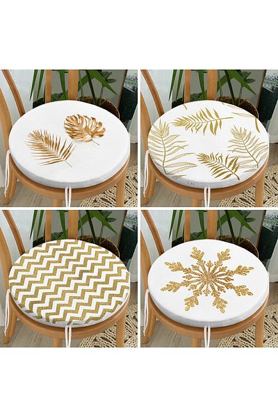 Realhomes Set of 4 Gold Leafy Leaf and Zigzag Motif Round Zippered Chair Cushions