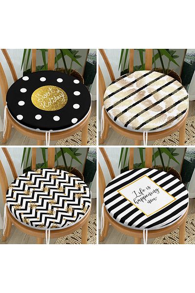 Realhomes Set of 4 Gold Written Geometric Patterned Round Zippered Chair Cushions