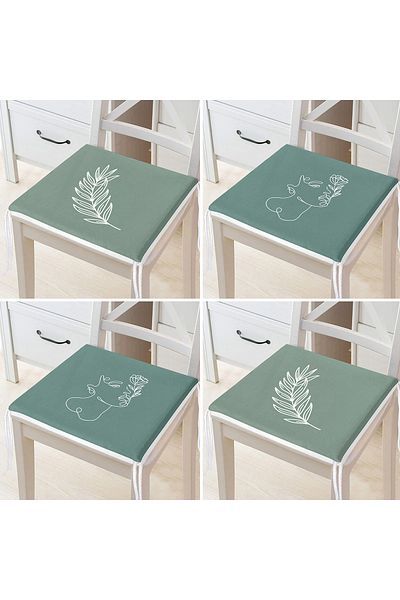 Realhomes 4-Piece Colorful Onedraw Drawing Leaf Patterned Modern Zippered Chair Cushion Set on the Floor