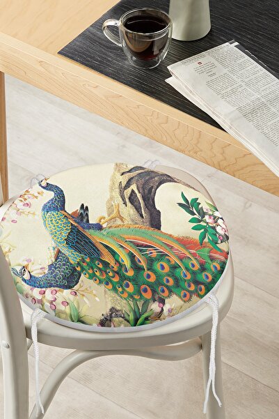 Realhomes Pernă pentru scaun rotundă cu fermoar, imprimată digitală Peacock