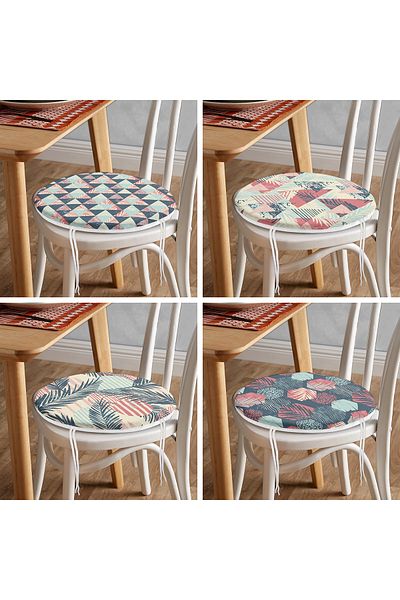 Realhomes 4-Piece Modern Round Zippered Chair Cushion Set with Geometric Drawings on Colorful Floor