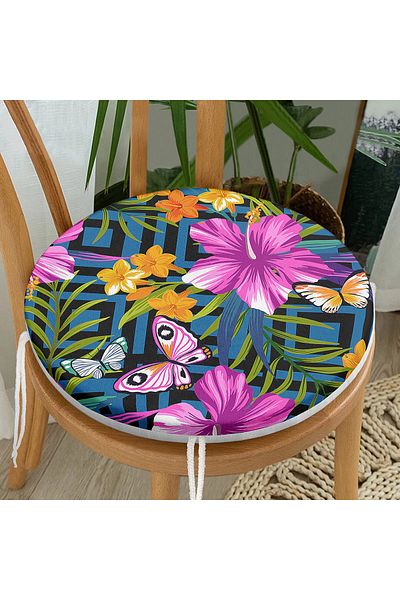 Realhomes Geometric Flowers with Blue Background Modern Design Round Zippered Chair Cushion
