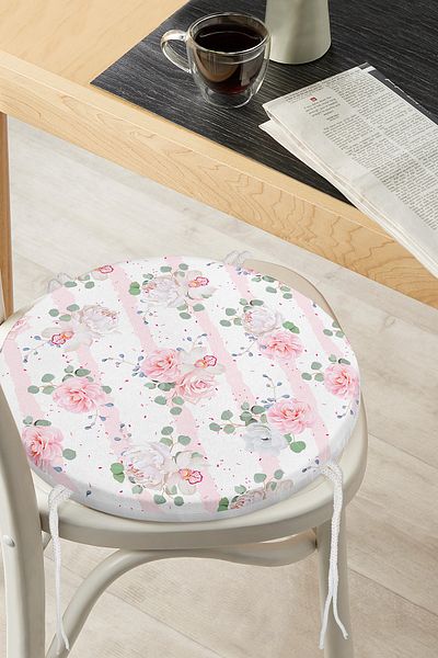 Realhomes Powder White Horizontal Themed Digital Printed Modern Round Zippered Chair Cushion