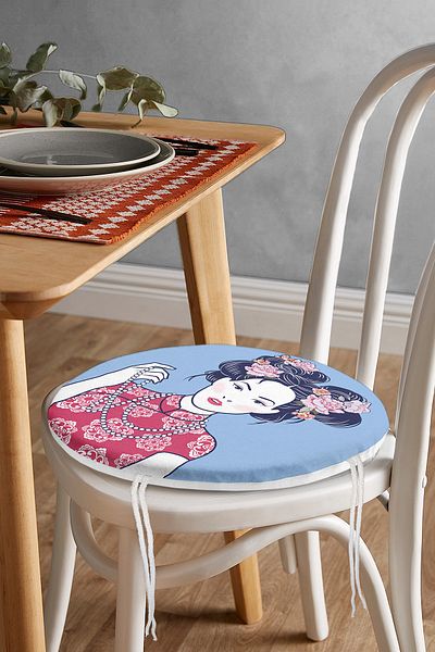 Realhomes Japanese Women's Digital Printed Modern Round Zippered Chair Cushion with Pearl Pendant