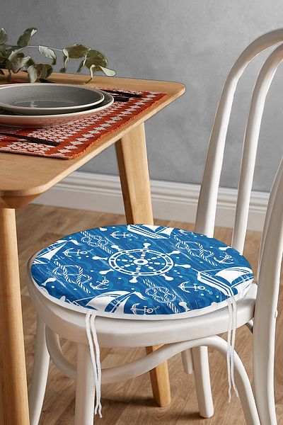 Realhomes Blue and White Background Starfish Patterned Digital Printed Modern Round Zippered Chair Cushion