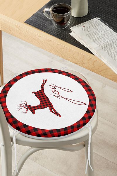 Realhomes Joy Plaid Deer Patterned Round Zippered Chair Cushion