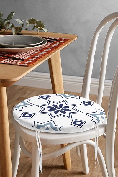 Realhomes Digital Printed Round Zippered Chair Cushion with Blue Tile Drawing