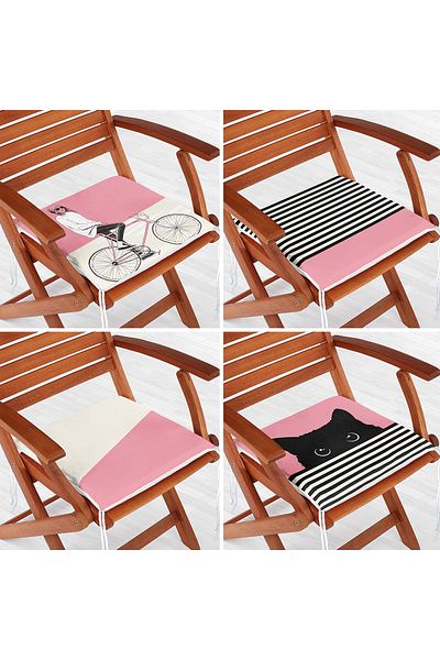 Realhomes Pink Bicycle Man Cat Themed Zippered Chair Cushion Set of 4