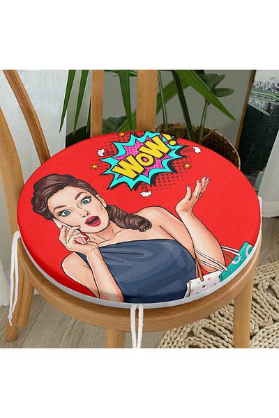 Realhomes Popart Wow Patterned Modern Round Zippered Chair Cushion with Red Background