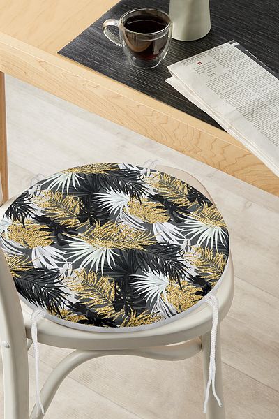 Realhomes Special Design Round Zippered Chair Cushion with Palm Leaves on Black Background