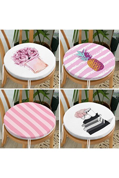 Realhomes Набір з 4 круглих подушок для стільців з рожево-білим смугастим віз...