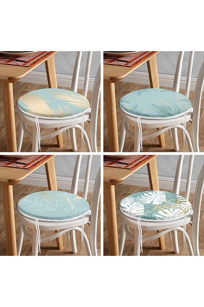 Realhomes Set of 4 Green Floor Tropical Leaf Motif Round Zippered Chair Cushions