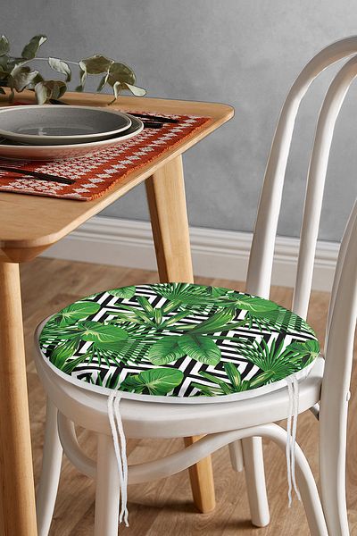 Realhomes Digital Printed Modern Round Zippered Chair Cushion with Green Leaf Pattern on Geometric Floor