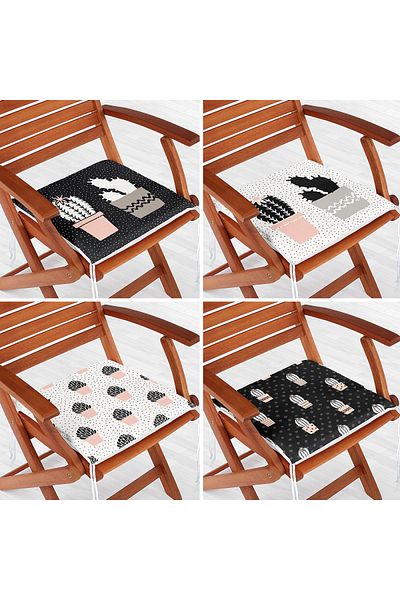 Realhomes 4-Piece Black and White Floor Digital Printed Zippered Chair Cushion Set with Cactus Drawing