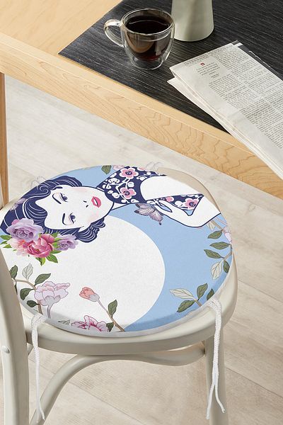 Realhomes Modern Women's Motif Round Zippered Chair Cushion with Flower Detail