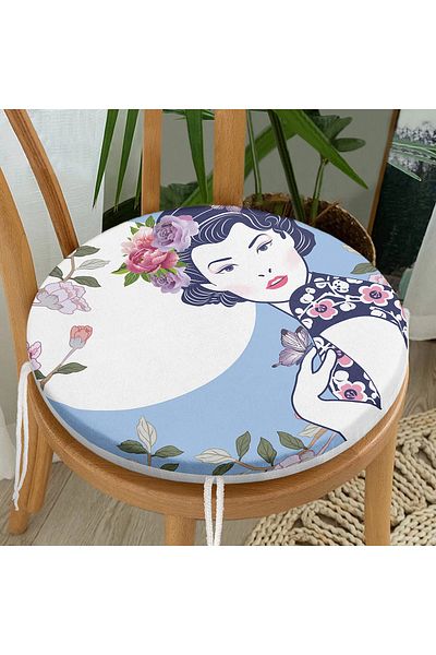 Realhomes Modern Women's Motif Round Zippered Chair Cushion with Flower Detail