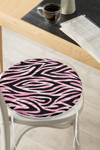 Realhomes Pink Colored Drawing Digital Printed Modern Round Zippered Chair Cushion on Black Background