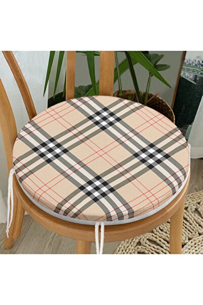 Realhomes Krem Zeminli Ekose Desenli Modern Yuvarlak Fermuarlı Sandalye Minderi