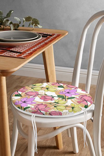 Realhomes Digital Printed Modern Round Zippered Chair Cushion with Flower Pattern on White Background