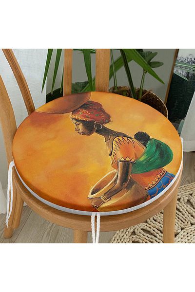 Realhomes Orange African Women Designed Digital Printed Round Zippered Chair Cushion