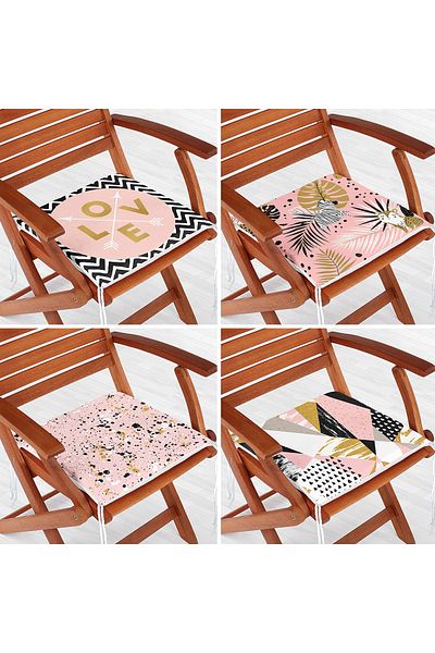 Realhomes 4-Piece Colorful Gold Detailed Leaf Patterned Modern Zippered Chair Cushion Set on the Floor