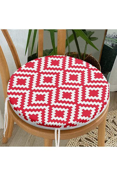 Realhomes Red Geometric Drawing Digital Printed Modern Round Zippered Chair Cushion