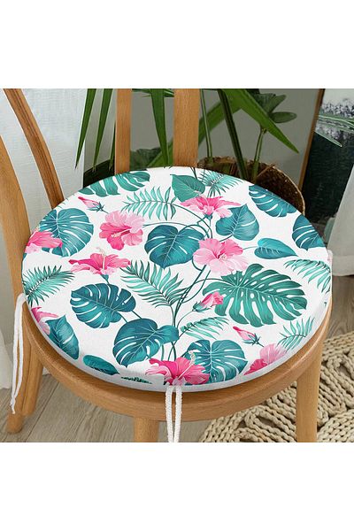 Realhomes Modern Leaf Patterned Digital Printed Round Zippered Chair Cushion