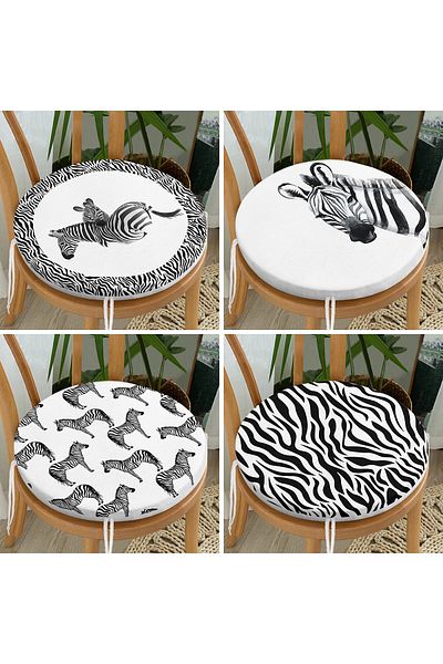 Realhomes Set of 4 Black and White Zebra Pattern Designed Round Zippered Chair Cushions