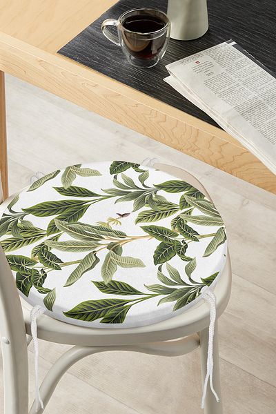 Realhomes Modern Round Zippered Chair Cushion with Green Tropical Leaf Motif