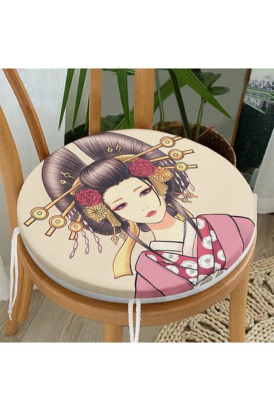 Realhomes Innocent Baskan Japanese Girl Motif Modern Round Zippered Chair Cushion