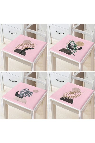 Realhomes 4-Piece Modern Zippered Chair Cushion Set with Silver and Gold Leaf Design on Pink Floor