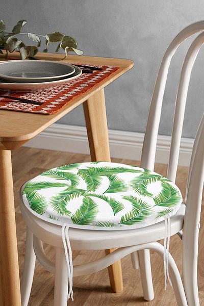 Realhomes Digital Printed Modern Round Zippered Chair Cushion with Green Leaf Pattern on White Background