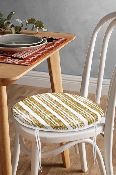 Realhomes Gold Colored Leaf Patterned Digital Printed Modern Round Zippered Chair Cushion on White Background