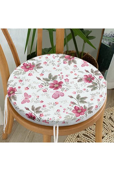 Realhomes Pink Flowers on White Background Digital Printed Modern Round Zippered Chair Cushion