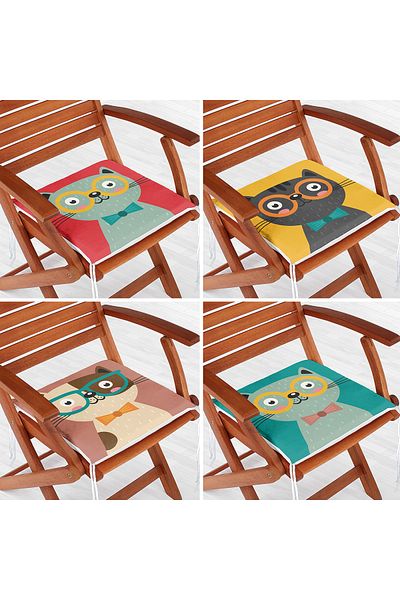 Realhomes Set of 4 Colorful Cute Kitten Printed Zippered Chair Cushions