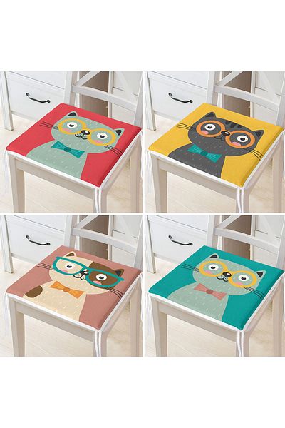 Realhomes Set of 4 Colorful Cute Kitten Printed Zippered Chair Cushions