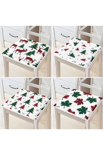 Realhomes 4-Piece Plaid Patterned Pine Tree Motif New Year Concept Modern Zippered Chair Cushion Set