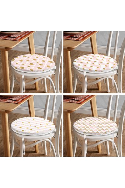 Realhomes Set of 4 Gold Detailed Pink Geometric Drawing Round Zippered Chair Cushions