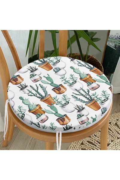 Realhomes Cactus Patterned Digital Printed Round Zippered Chair Cushion