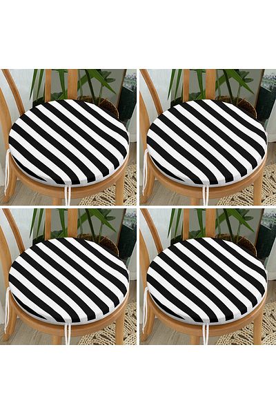 Realhomes Set of 4 Black and White Striped Digital Printed Round Zippered Chair Cushions