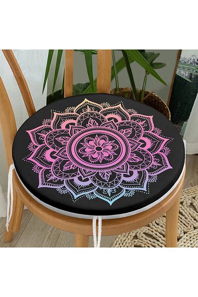 Realhomes Pink and Blue Mandala Patterned Special Design Round Zippered Chair Cushion on Black Background