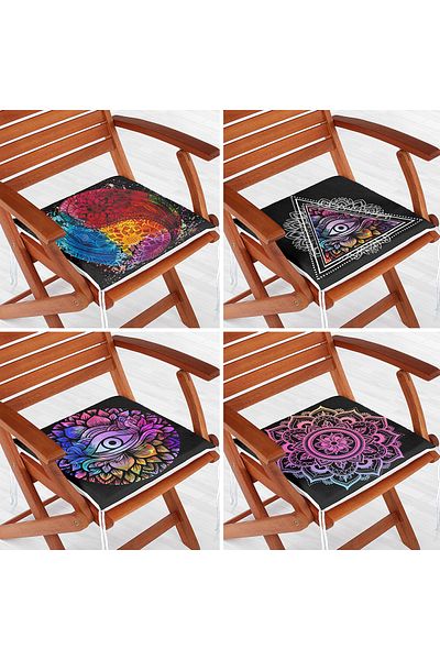 Realhomes Set of 4 Black Colorful Mandala Motif Digital Printed Zippered Chair Cushions on the Floor