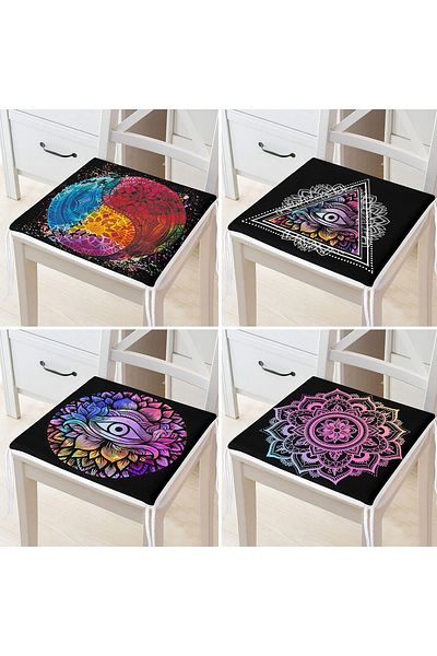 Realhomes Set of 4 Black Colorful Mandala Motif Digital Printed Zippered Chair Cushions on the Floor